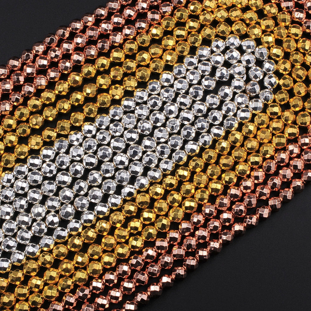 Faceted Titanium Hematite Round Beads Electroplated Bright Silver Rose Gold 2mm 3mm 4mm 6mm 8mm 16" Strand