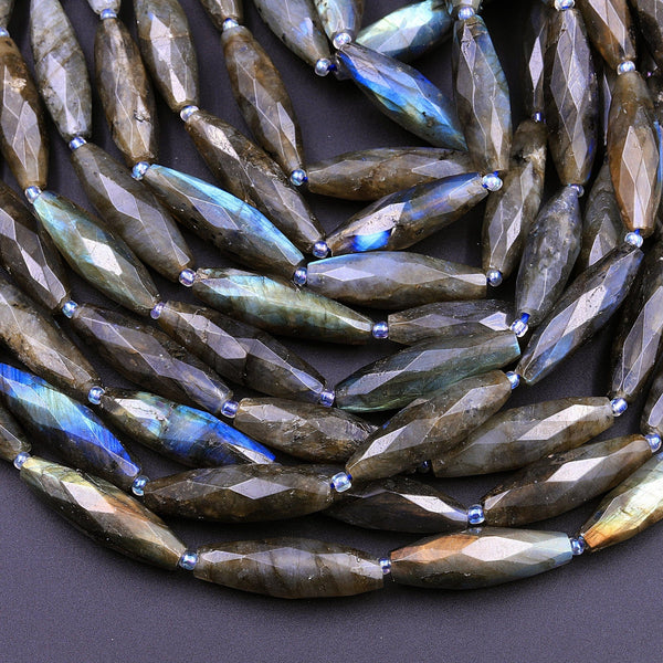 Faceted Marquise Shape Dark Labradorite Long Cylinder Oval Tube Beads 16" Strand