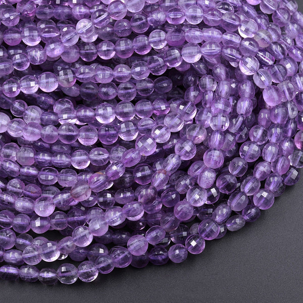 Faceted 6mm Purple Amethyst Coin Beads Flat Disc Dazzling Facets Natural Gemstone 16" Strand
