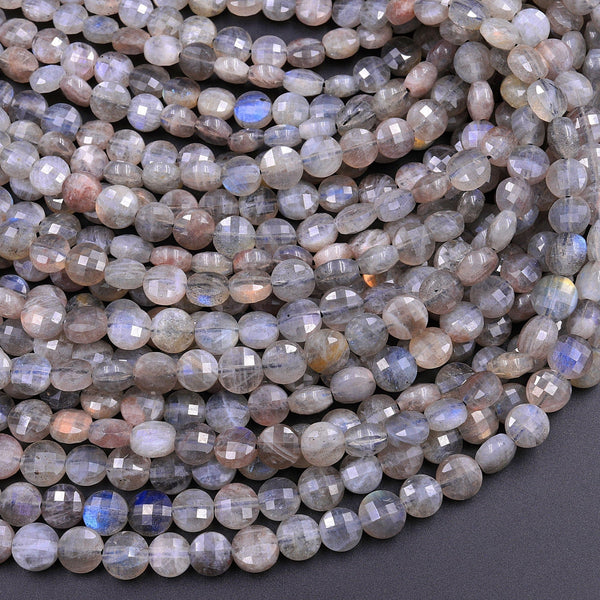 Faceted Labradorite 8mm Coin Beads Flat Disc Dazzling Facets Natural Gemstone 16" Strand