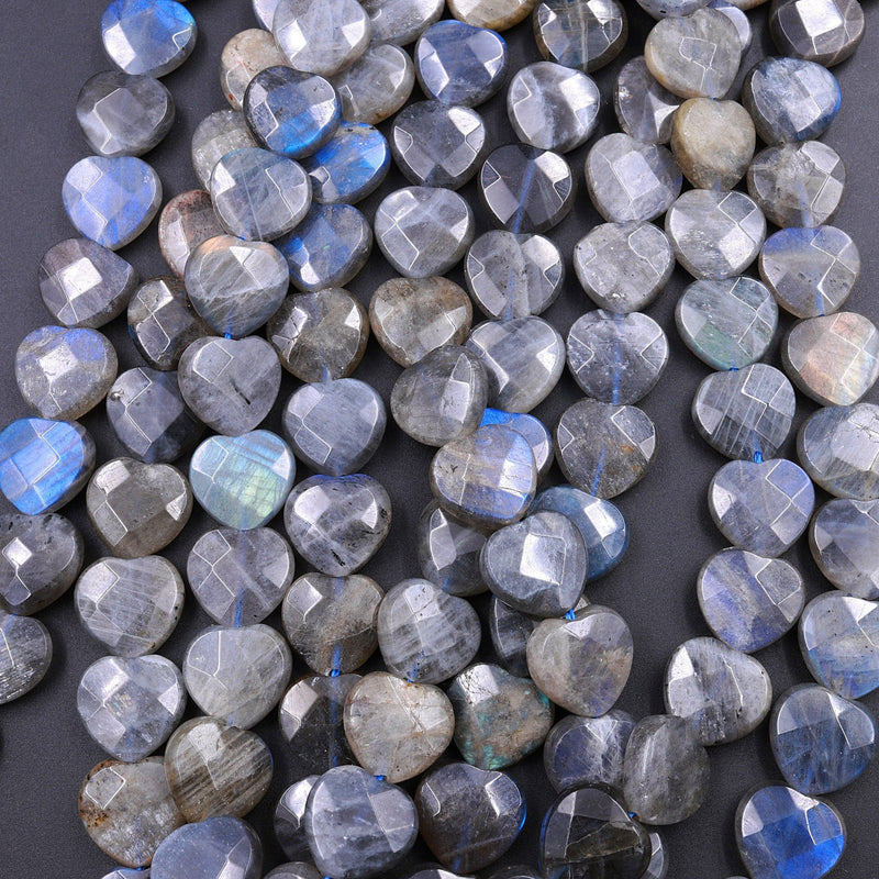 Faceted Labradorite Heart Beads 12mm 14mm Natural Dark Labradorite Brilliant Blue Flashes 16" Strand