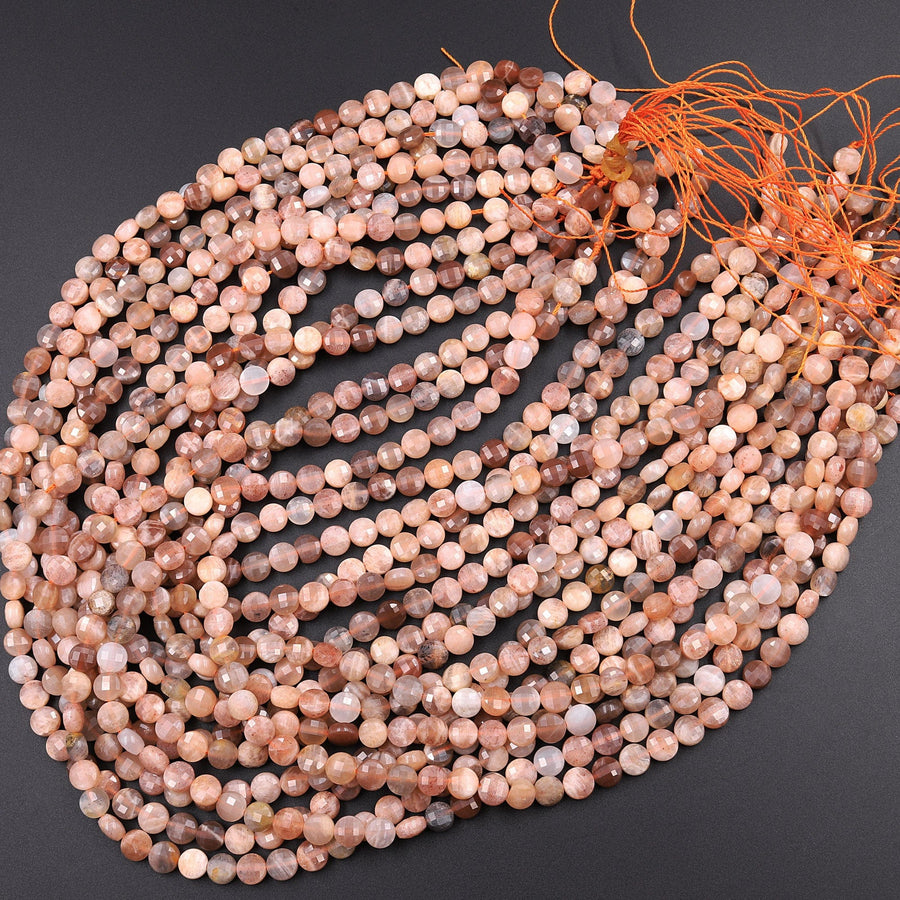 Faceted Peach Moonstone 6mm Coin Beads Flat Disc Dazzling Facets Natural Gemstone 16" Strand
