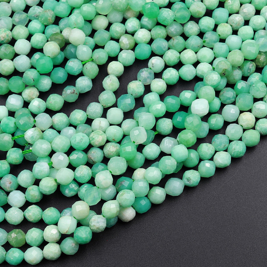 Natural Australian Green Chrysoprase Faceted Round 5mm Beads Diamond Cut Gemstone Beads 16" Strand