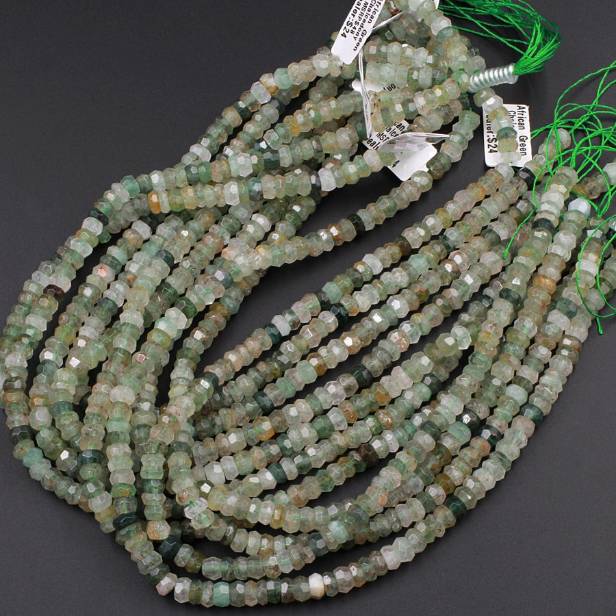 Rare Natural African Green Chalcedony W/ Golden Matrix Faceted 6mm 8mm 10mm Rondelle Beads 16" Strand