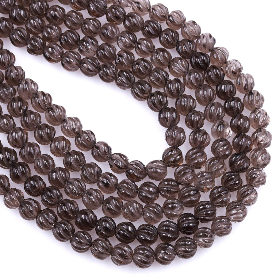 Hand Carved Smoky Quartz 8mm Round Melon Beads 16" Strand