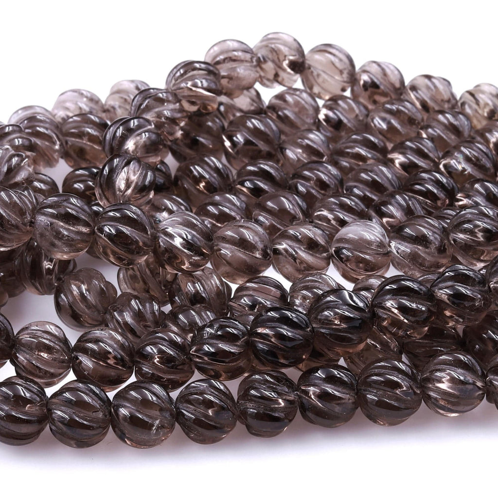 Hand Carved Smoky Quartz 8mm Round Melon Beads 16" Strand