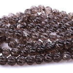 Hand Carved Smoky Quartz 8mm Round Melon Beads 16" Strand