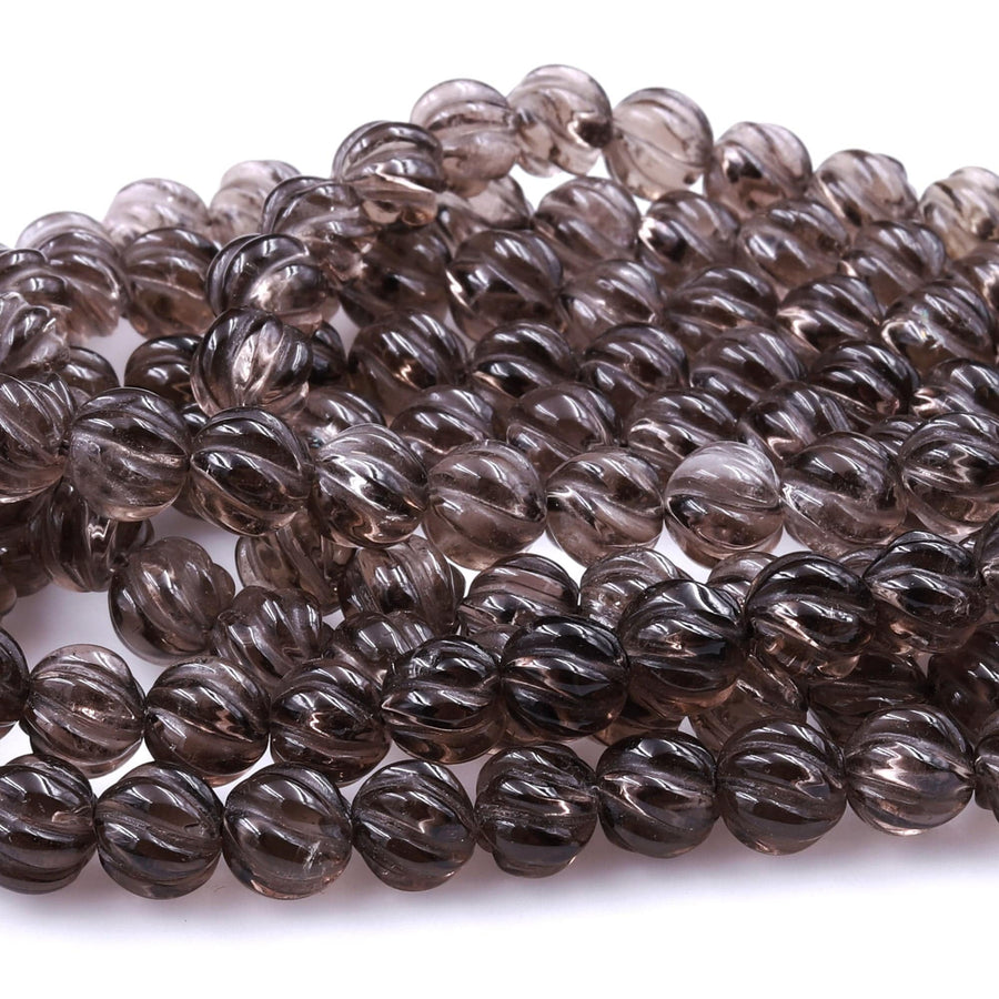 Hand Carved Smoky Quartz 8mm Round Melon Beads 16" Strand