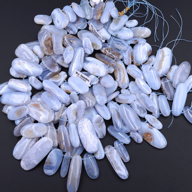 Side Drilled Large Natural Blue Lace Agate Freeform Oval Pendant Beads Designer Quality 16" Strand