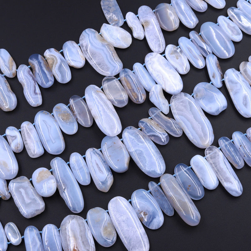 Side Drilled Large Natural Blue Lace Agate Freeform Oval Pendant Beads Designer Quality 16" Strand