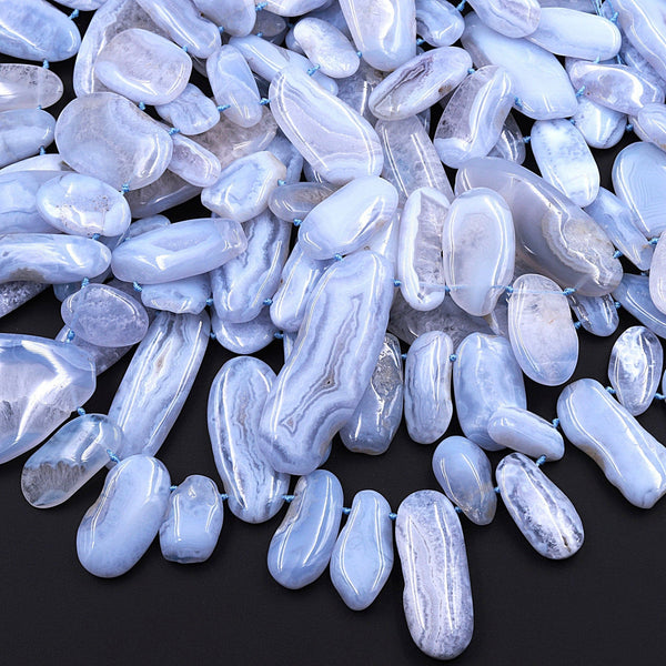 Side Drilled Large Natural Blue Lace Agate Freeform Oval Pendant Beads Designer Quality 16" Strand
