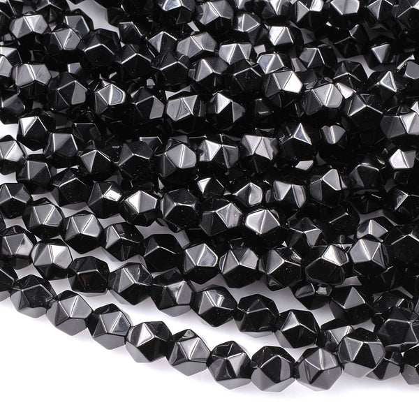 Star Cut Black Onyx Beads Faceted 6mm 8mm 10mm Rounded Nugget Sharp Facets 15" Strand