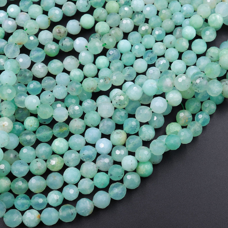 Natural Australian Green Chrysoprase Faceted Round 6mm 8mm Beads Diamond Cut Gemstone Beads 16" Strand