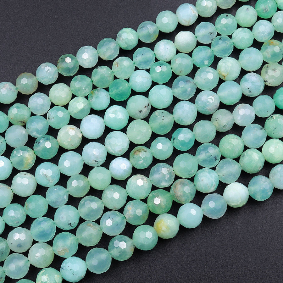 Natural Australian Green Chrysoprase Faceted Round 6mm 8mm Beads Diamond Cut Gemstone Beads 16" Strand