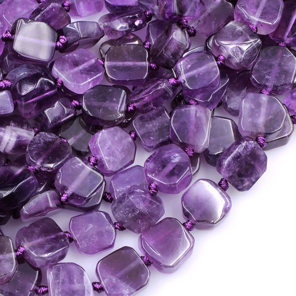 Natural Purple Amethyst Square 12mm Center Drilled Cushion Chiseled Edge 16" Strand