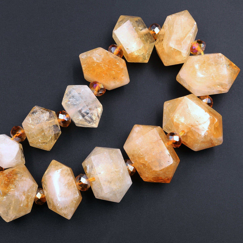 AAA Faceted Double Terminated Natural Golden Citrine Beads Points Geometric Cut Large Gemstone Pendant 15.5" Strand
