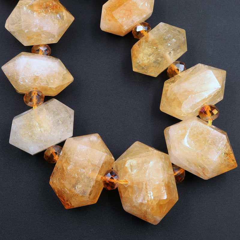 AAA Faceted Double Terminated Natural Golden Citrine Beads Points Geometric Cut Large Gemstone Pendant 15.5" Strand