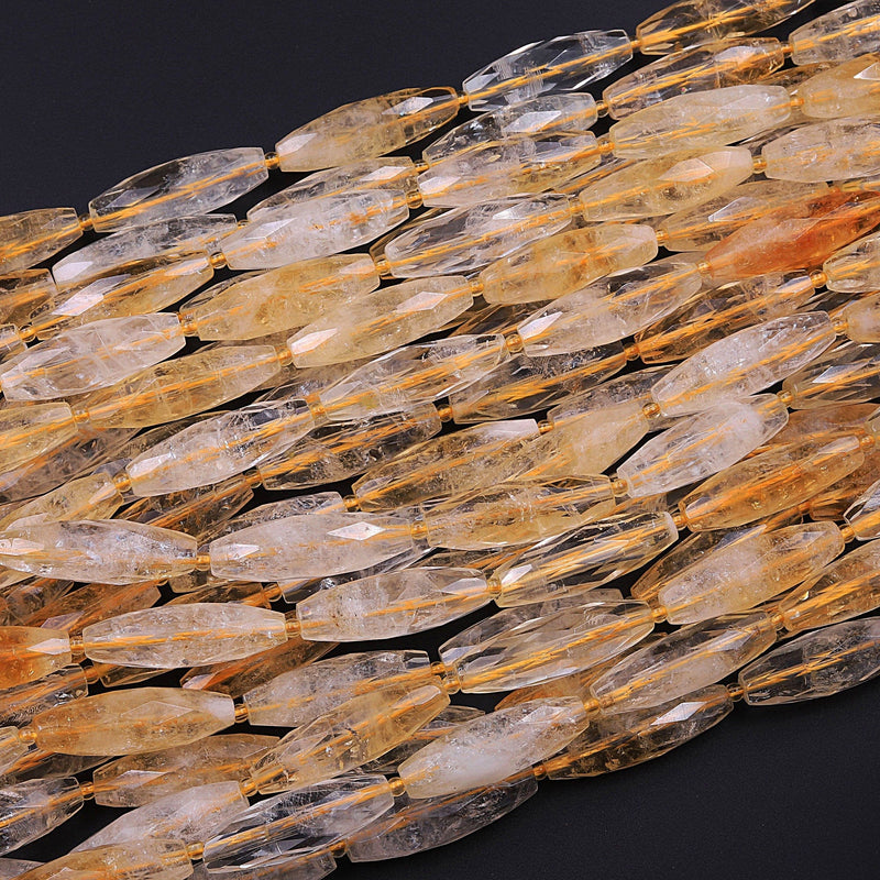 Faceted Marquise Shape Natural Golden Citrine Long Cylinder Oval Tube Beads 16" Strand