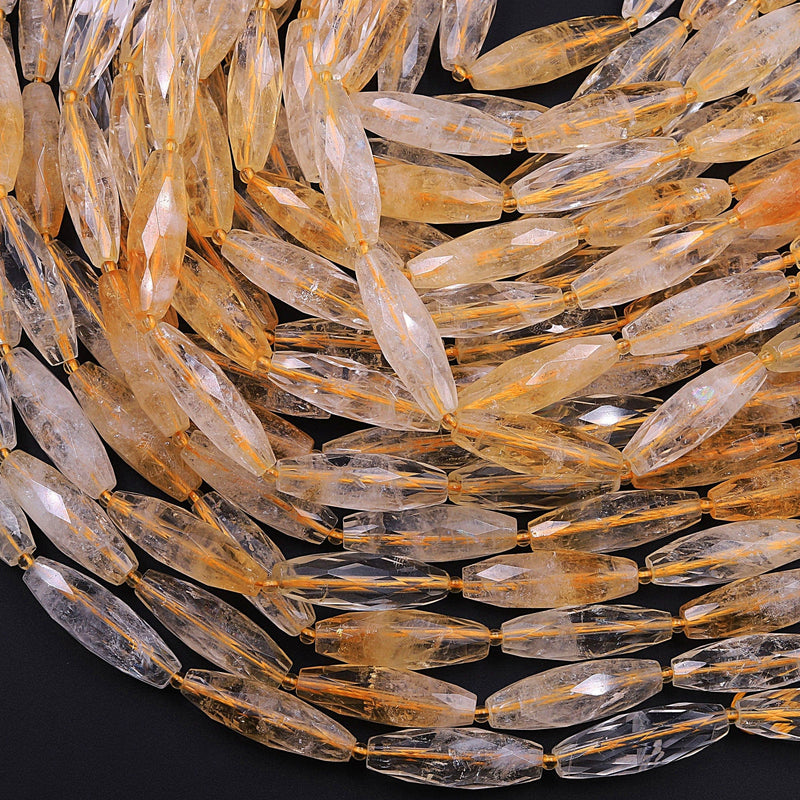 Faceted Marquise Shape Natural Golden Citrine Long Cylinder Oval Tube Beads 16" Strand