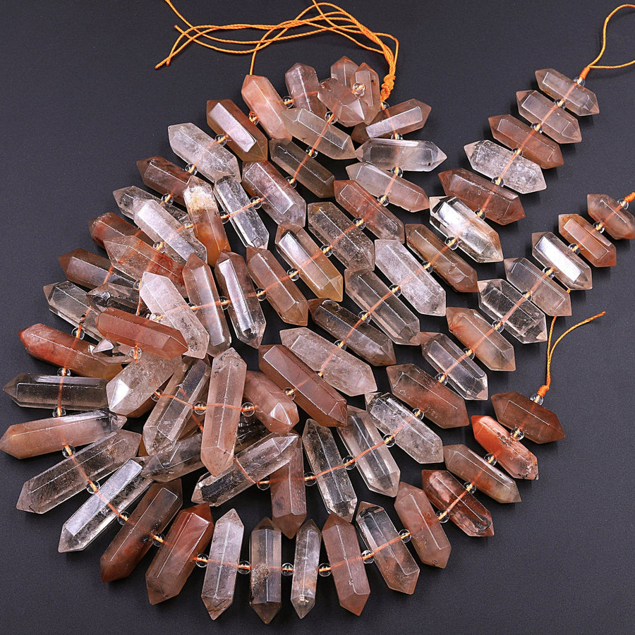 Rare Red Phantom Quartz Beads Double Terminated Gemstone Points Drilled Lodalite Pendant 16" Strand