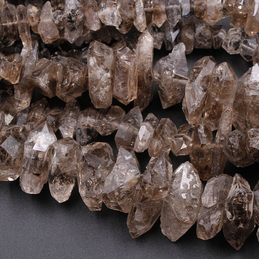 Large Graduated Natural Smoky Brown Herkimer Diamond Quartz Beads Double Pointed Quartz With Black Anthraxolite Inclusion 16" Strand