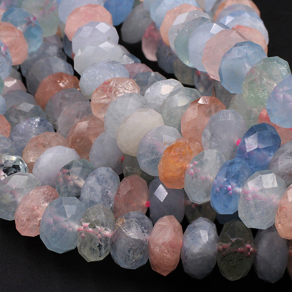 AAA Multicolor Pink Blue Green Aquamarine Morganite Beryl faceted Rondelle Beads 10mm 16" Strand
