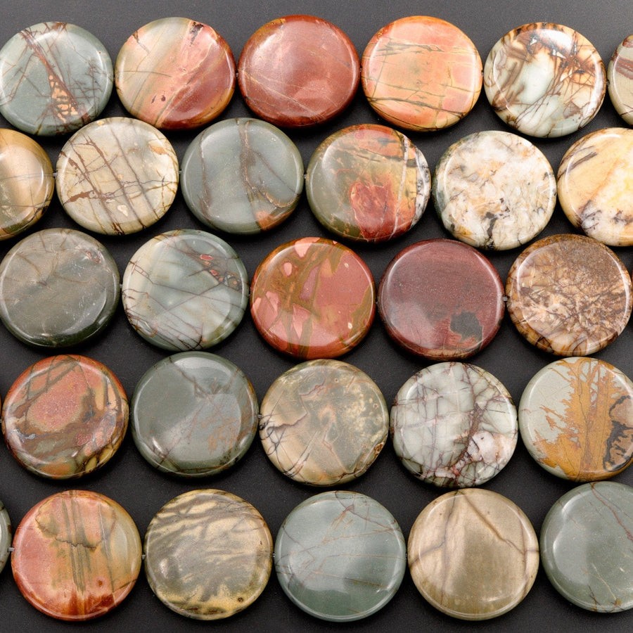 Large Red Creek Jasper Coin Beads 30mm Circle Red Green Yellow Brown Natural Cherry Creek Multi-color Picasso Jasper 16" Strand