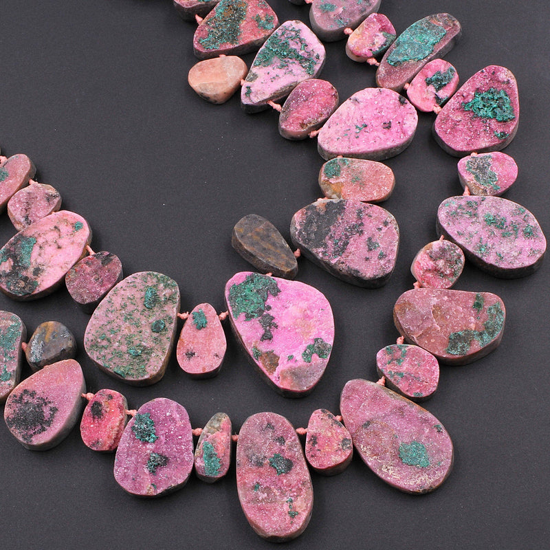Natural Pink Cobalto Calcite Druzy Beads Green Malachite Crystal Side Drilled Teardrop Pendant 16" Strand