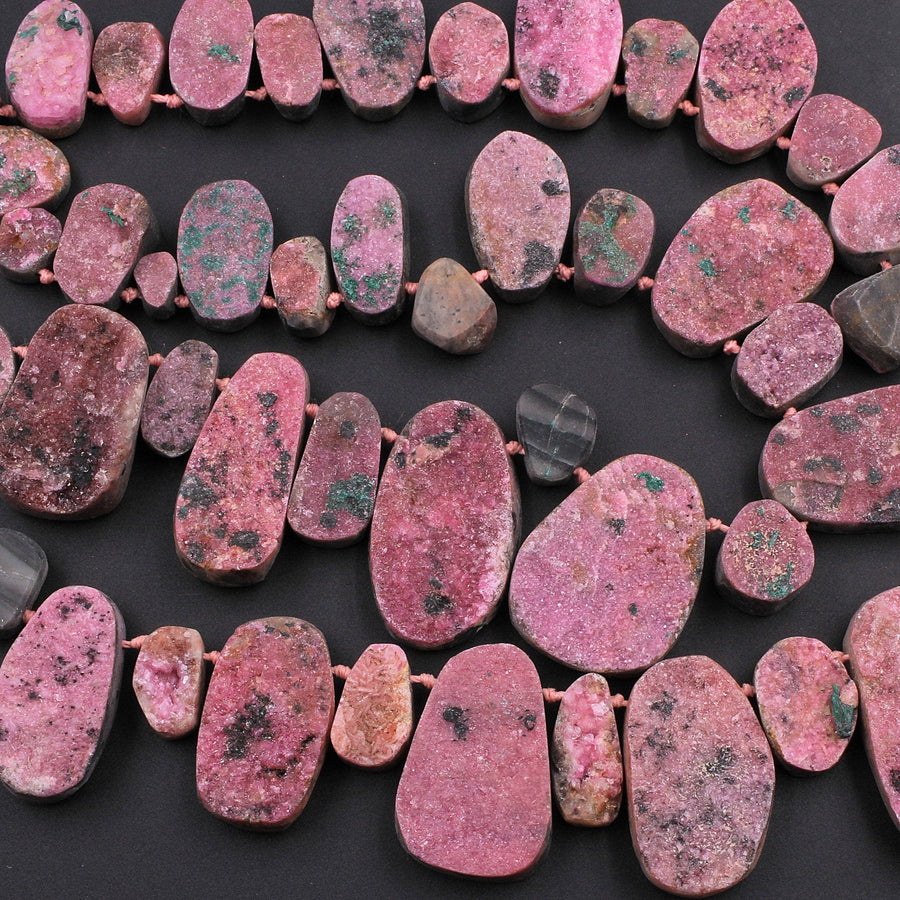 Natural Pink Cobalto Calcite Druzy Beads Green Malachite Crystal Side Drilled Teardrop Pendant 16" Strand