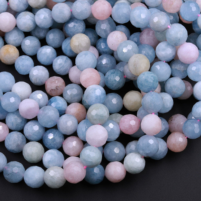 Micro Faceted Natural Blue Aquamarine Pink Morganite Round Beads 6mm 8mm 10mm 12mm 16" Strand