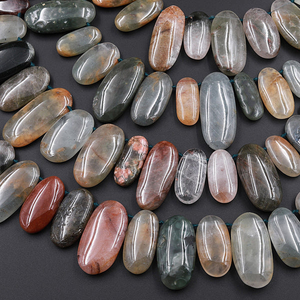 Natural Phantom Rutile Quartz Long Oval Focal Pendant Beads Top Side Drilled Natural Green Red Golden Quartz 16" Strand
