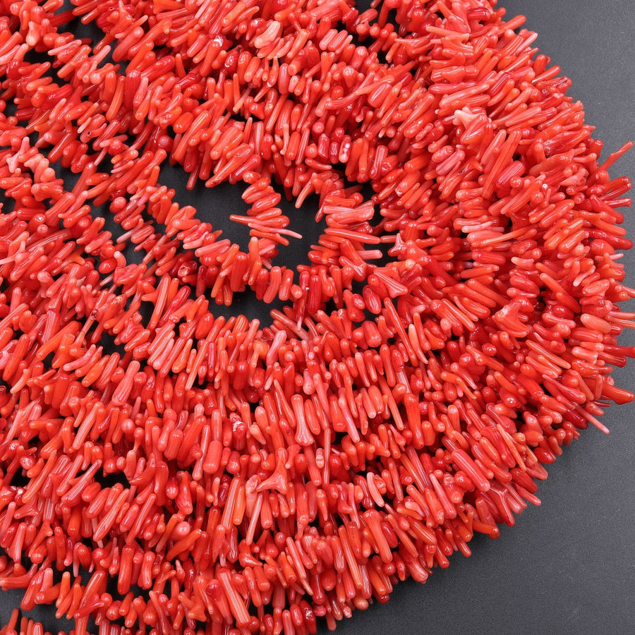 Super Thin fine Red Coral Beads Drilled Freeform Branch Stick Chip 16" Strand