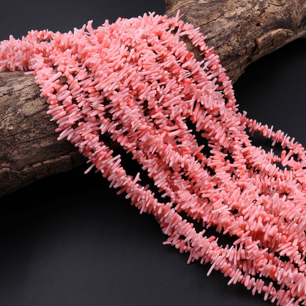 Super Thin fine Baby Pink Coral Beads Drilled Freeform Branch Stick Chip 16" Strand