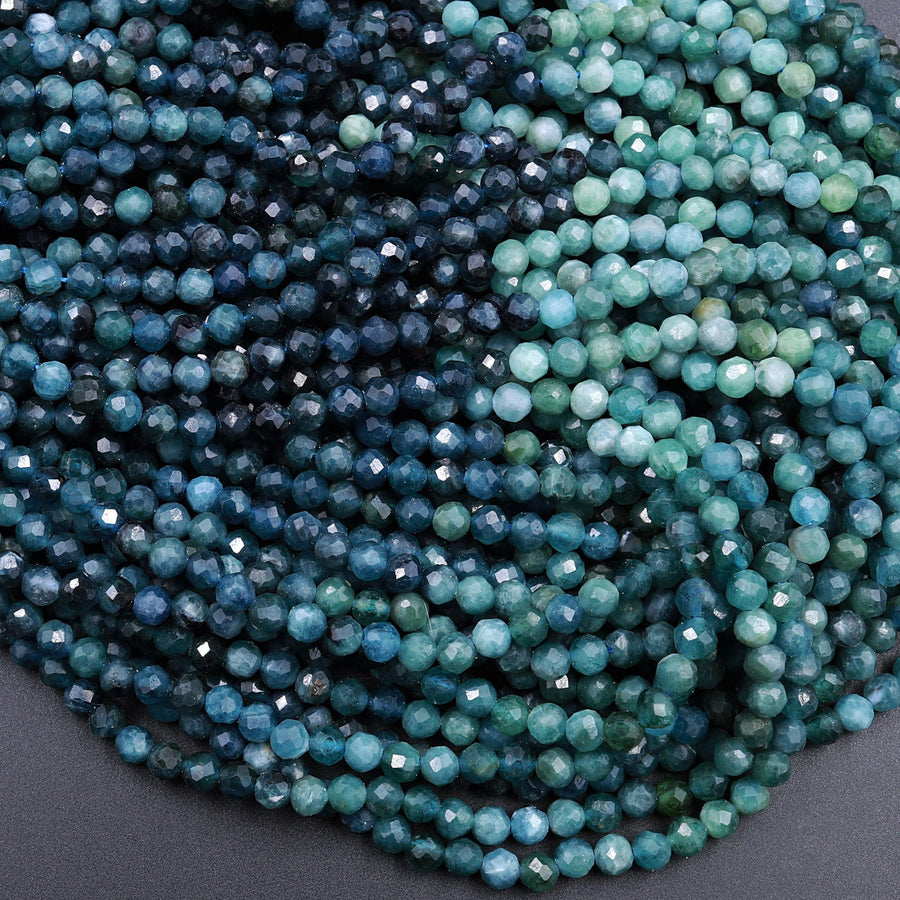 Natural Paraiba Blue Tourmaline Faceted 2mm 3mm 4mm 5mm Round Beads Diamond Cut Indicolite Gemstone 16" Strand