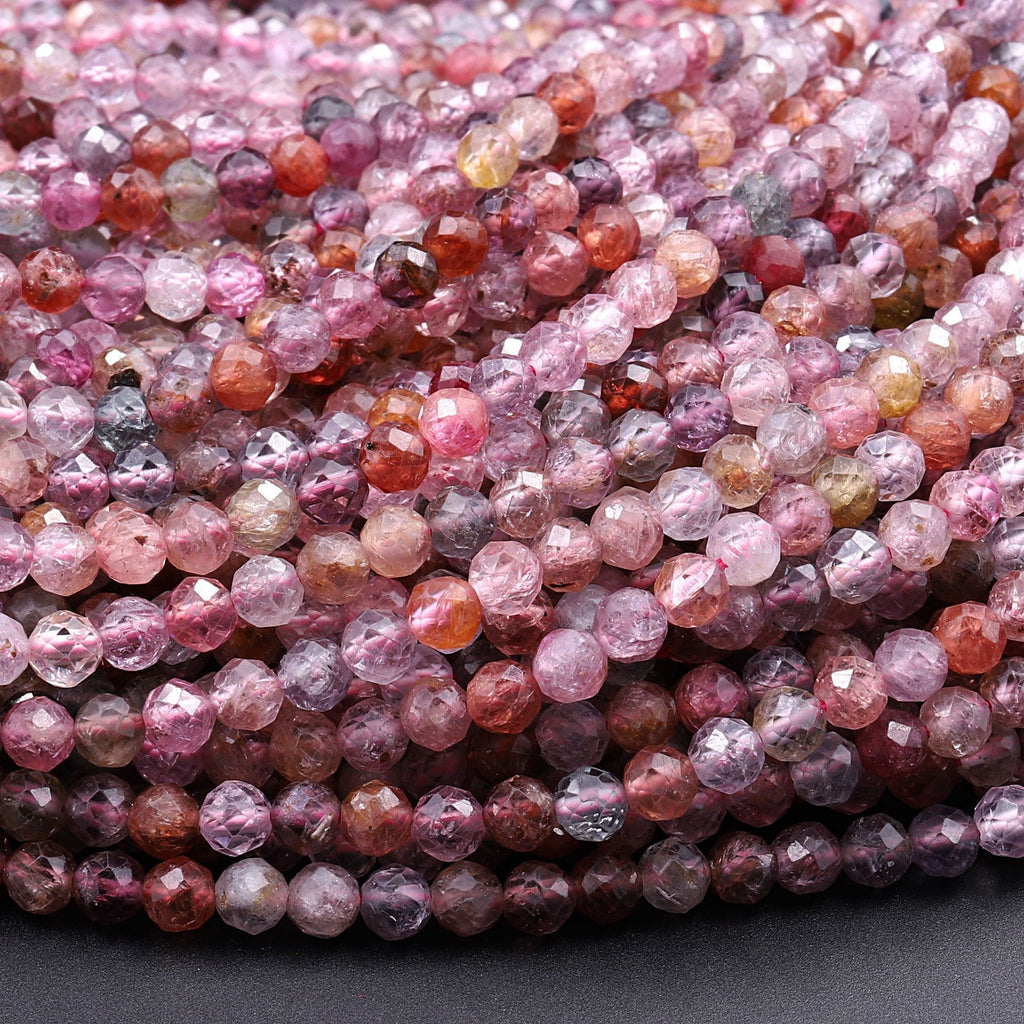 Real Genuine Natural Multi Spinel Faceted Round Beads 3mm 4mm Multicolor Red Pink Blue Peach Blue Green Teal Purple Gemstone 16" Strand