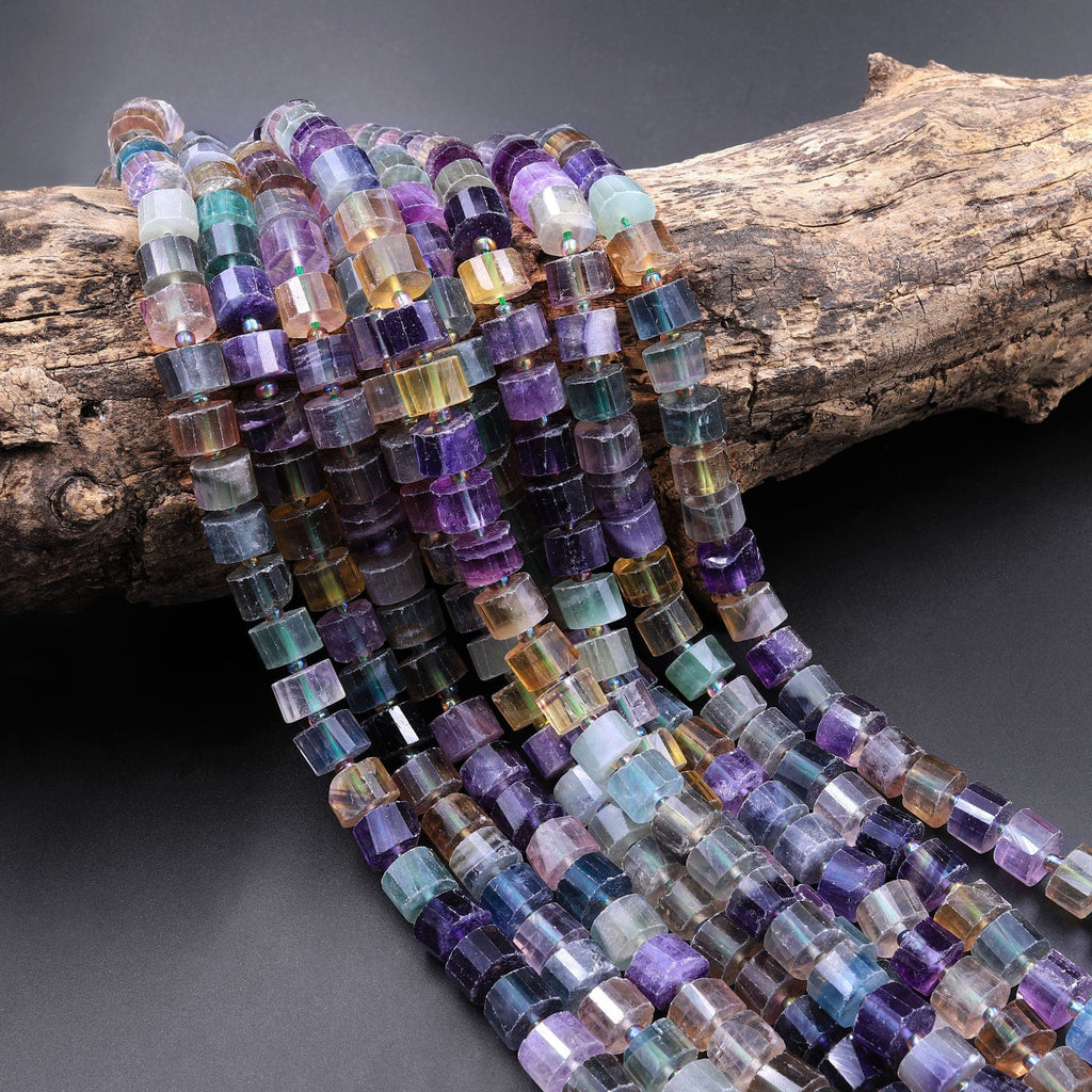 Natural Fluorite Faceted Rondelle Tube Beads Sharp Facets Laser Diamond Cut Rainbow Purple Green Blue Yellow Gemstone Beads 16" Strand