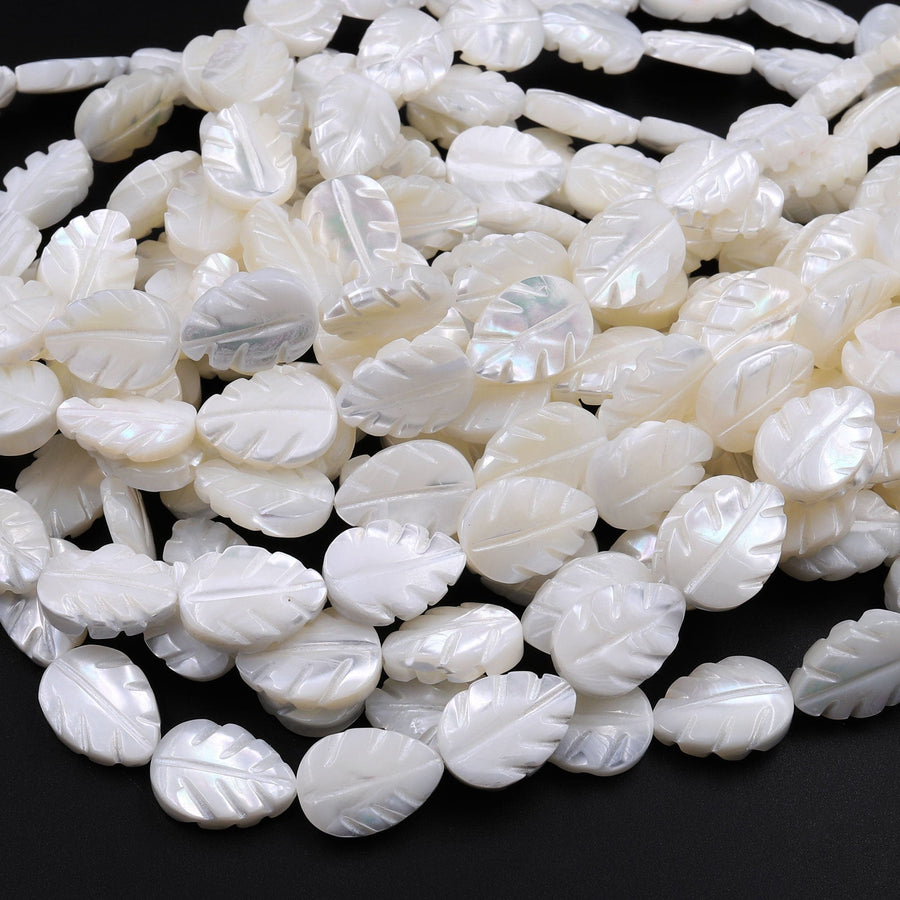AAA Iridescent Hand Carved Natural White Mother of Pearl Shell Beads Teardrop Leaf Shape 16" Strand