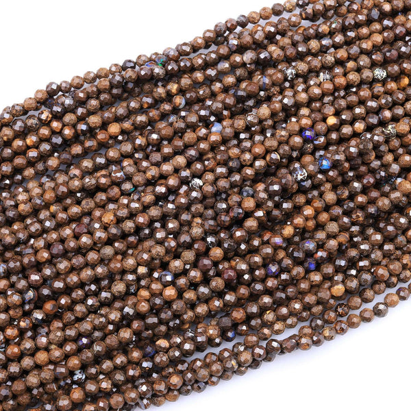 Natural Australian Boulder Opal Faceted 3mm 4mm Round Beads 16" Strand
