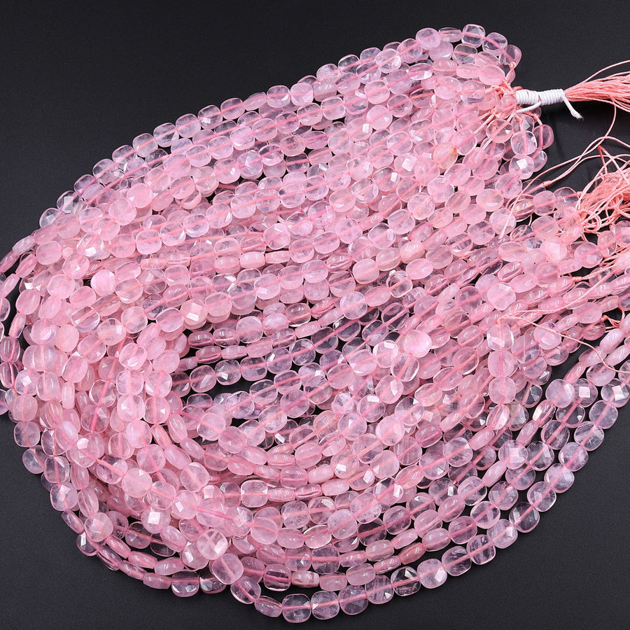 Natural Madagascar Pink Rose Quartz 6mm 8mm Faceted Cushion Square Beads 16" Strand
