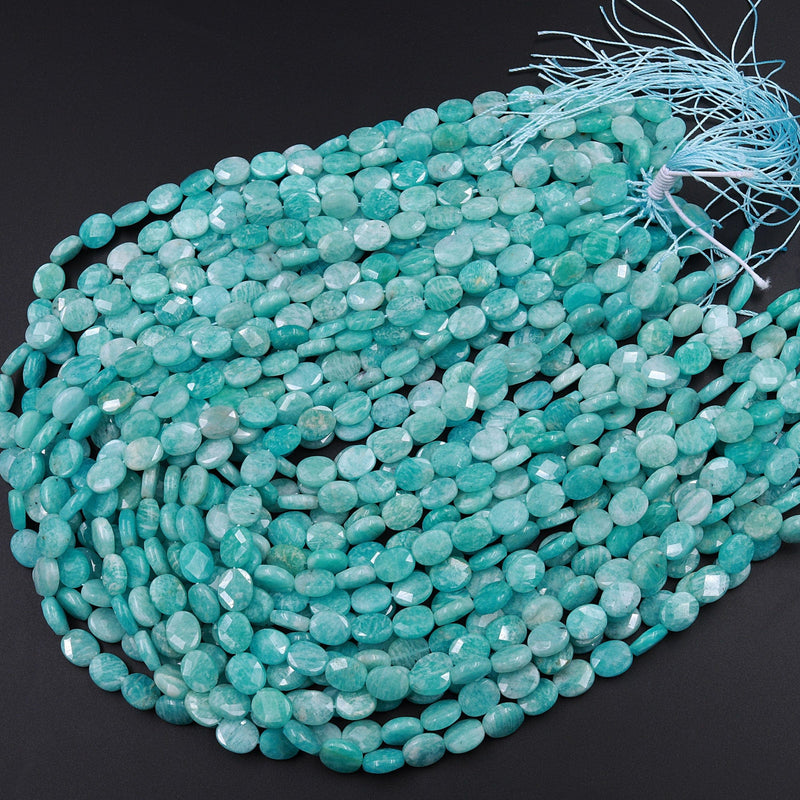 Peruvian Amazonite Faceted Cushion Oval Beads 8x6mm 10x8mm 16" Strand