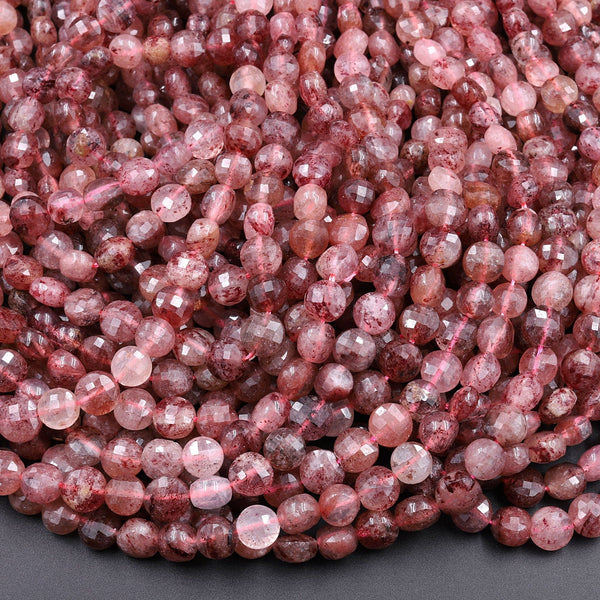 Faceted 6mm Strawberry Quartz Coin Beads 16" Strand