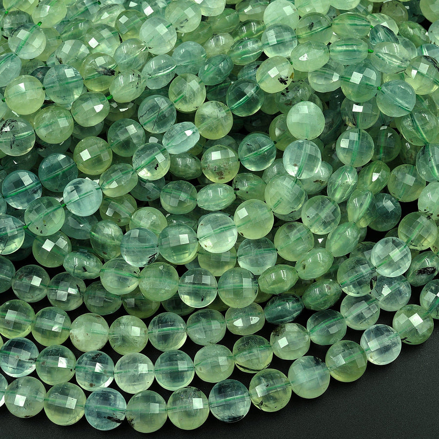 AAA Natural Green Prehnite Faceted Coin 6mm 8mm 10mm Beads 16" Strand