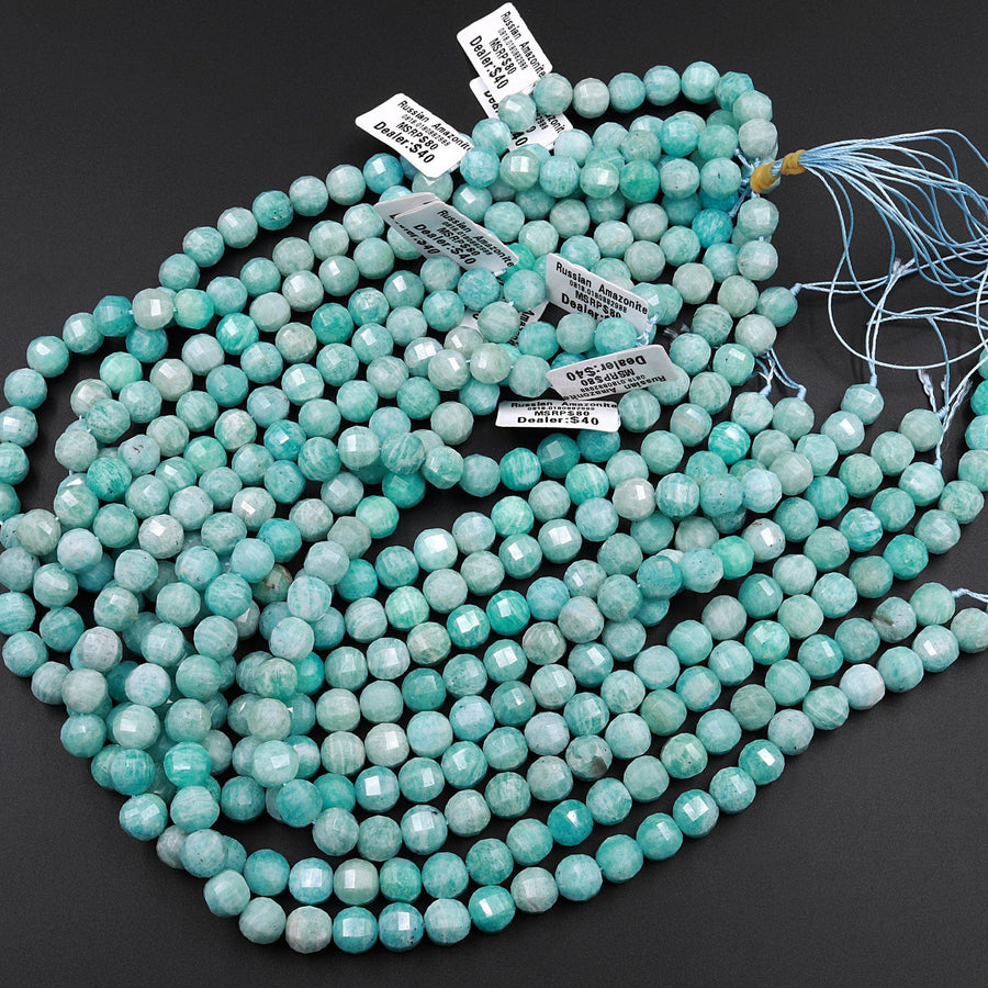 Geometric Lantern Faceted Natural Russian Amazonite 8mm Round Beads Sparkling Dazzling Facet Gemstone 15.5" Strand