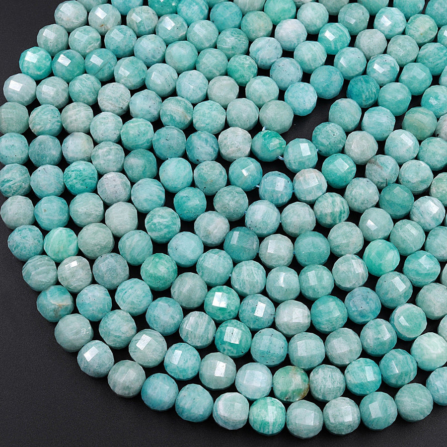 Geometric Lantern Faceted Natural Russian Amazonite 8mm Round Beads Sparkling Dazzling Facet Gemstone 15.5" Strand