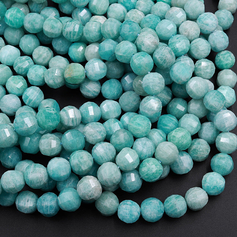 Geometric Lantern Faceted Natural Russian Amazonite 8mm Round Beads Sparkling Dazzling Facet Gemstone 16" Strand