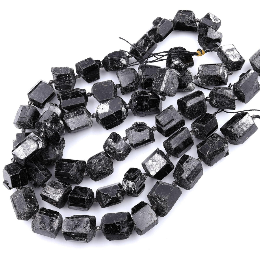 Natural Black Tourmaline Beads With Mica Large Raw Rough Free Form Nugget Black Crystal Focal Pendant Drilled Beads 16" Strand