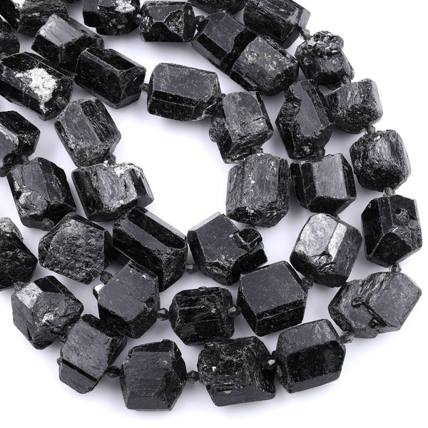 Natural Black Tourmaline Beads With Mica Large Raw Rough Free Form Nugget Black Crystal Focal Pendant Drilled Beads 16" Strand