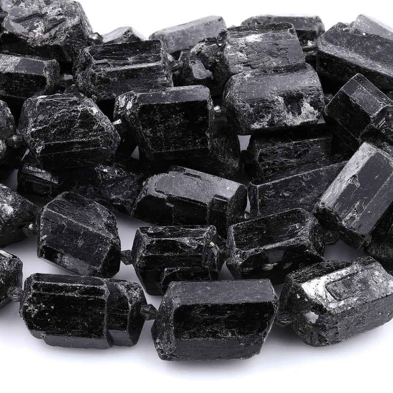 Natural Black Tourmaline Beads With Mica Large Raw Rough Free Form Nugget Black Crystal Focal Pendant Drilled Beads 16" Strand
