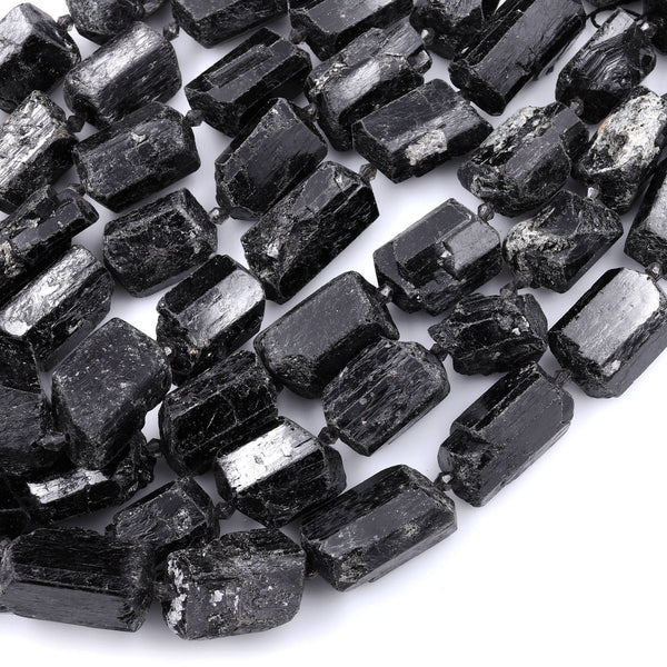 Natural Black Tourmaline Beads With Mica Large Raw Rough Free Form Nugget Black Crystal Focal Pendant Drilled Beads 16" Strand
