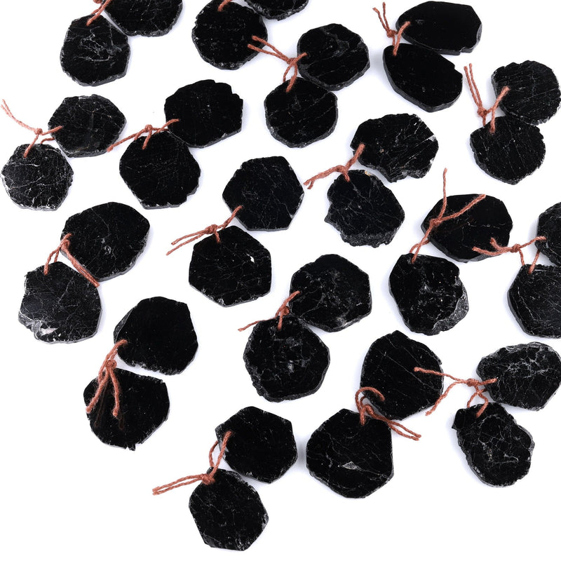 Drilled Freeform Natural Black Tourmaline Slice Earring Pair Cabochon Cab Pair Irregular Raw Organic Gemstone Bead Pair